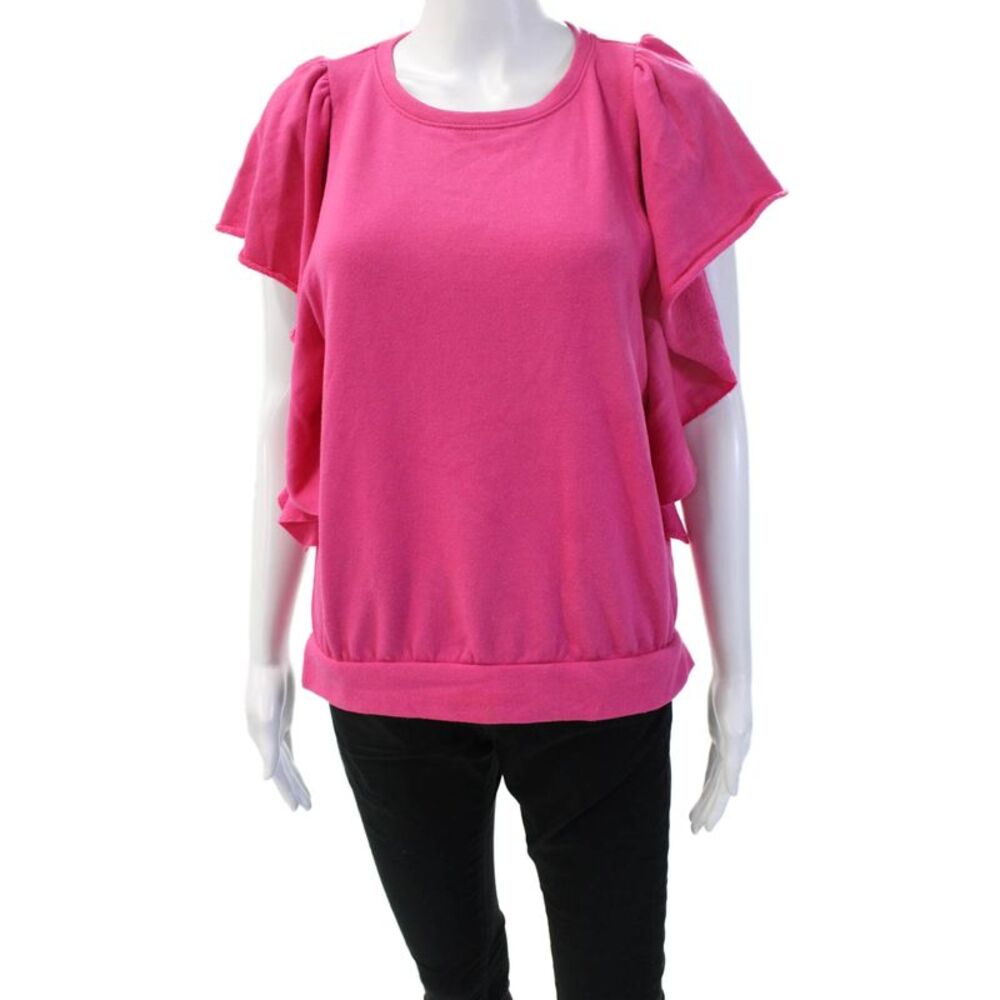 Evereve Women Pink Crew Neck Cap Sleeve T-Shirt Solid Poly Cotton Spring Size M